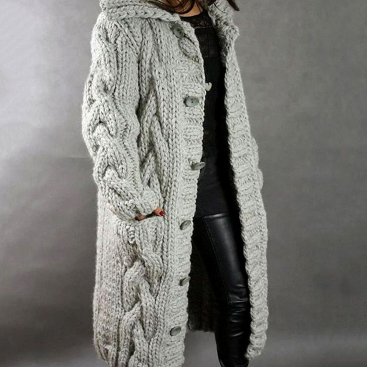 Women's Oversized Cable-Knit Hooded Button Cardigan - Silver Gray