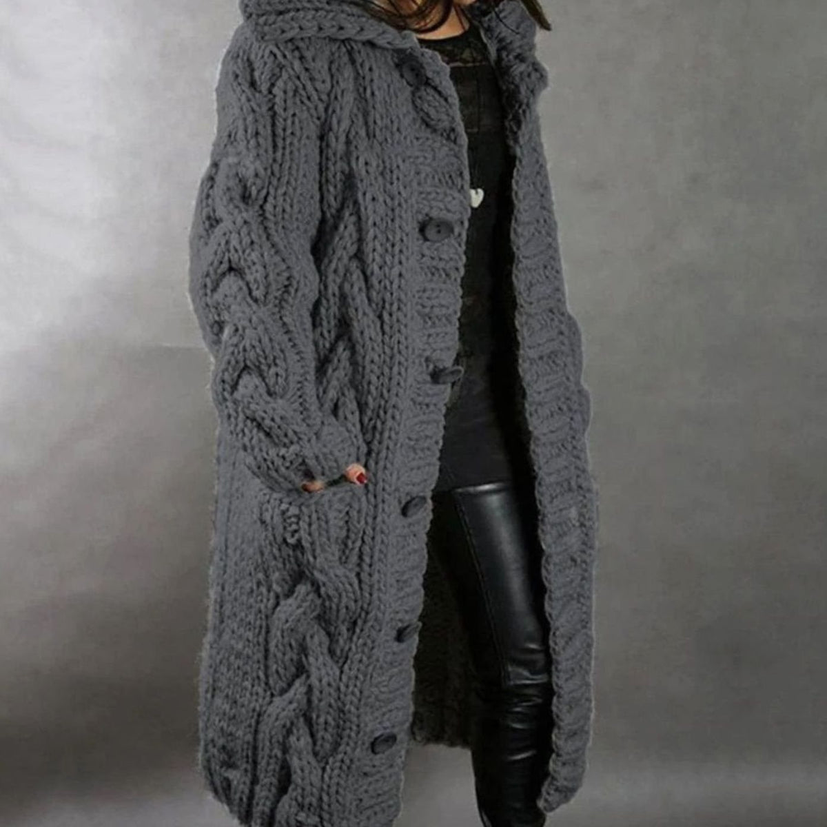Women's Oversized Cable-Knit Hooded Button Cardigan - Dark Gray
