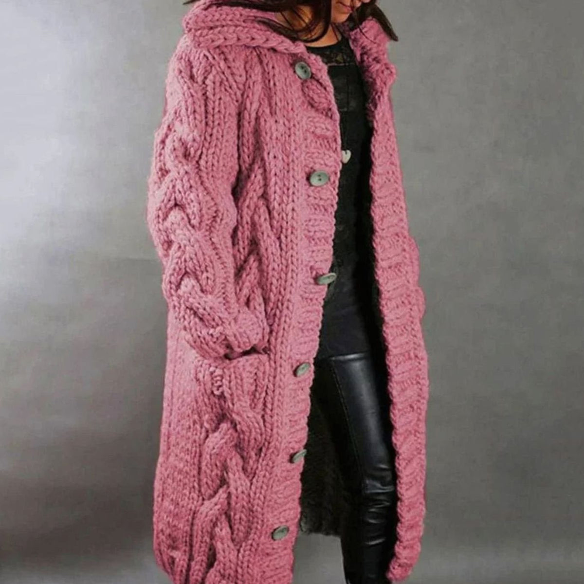 Women's Oversized Cable-Knit Hooded Button Cardigan - Pink