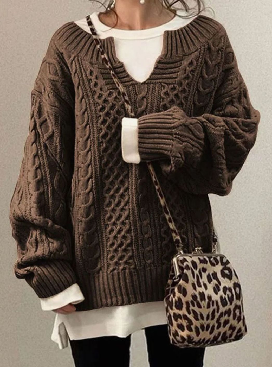 Women's Oversized Cable-Knit V-Neck Pullover - Pink