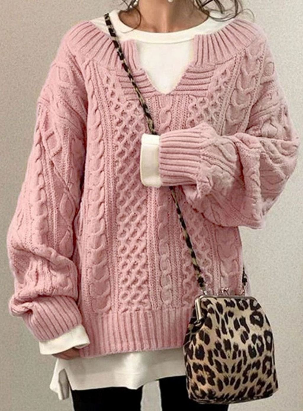Women's Oversized Cable-Knit V-Neck Pullover - Black