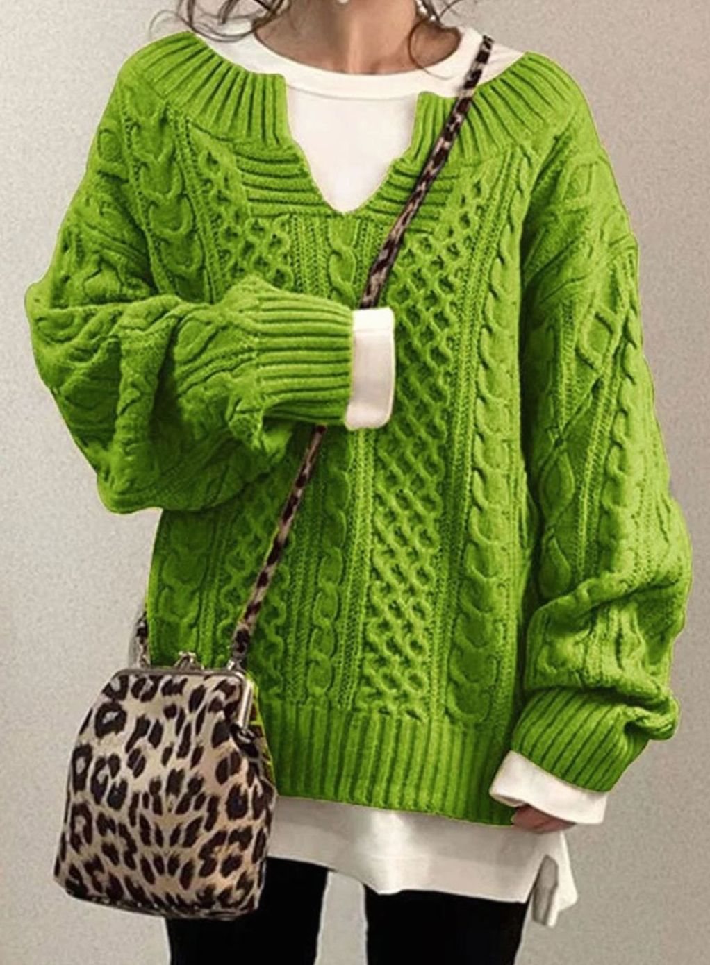 Women's Oversized Cable-Knit V-Neck Pullover - Blue