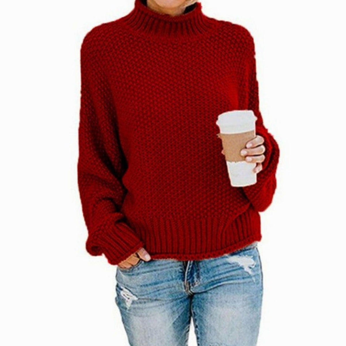 Women's Chunky Knit Foldover Turtleneck Sweater - Purple