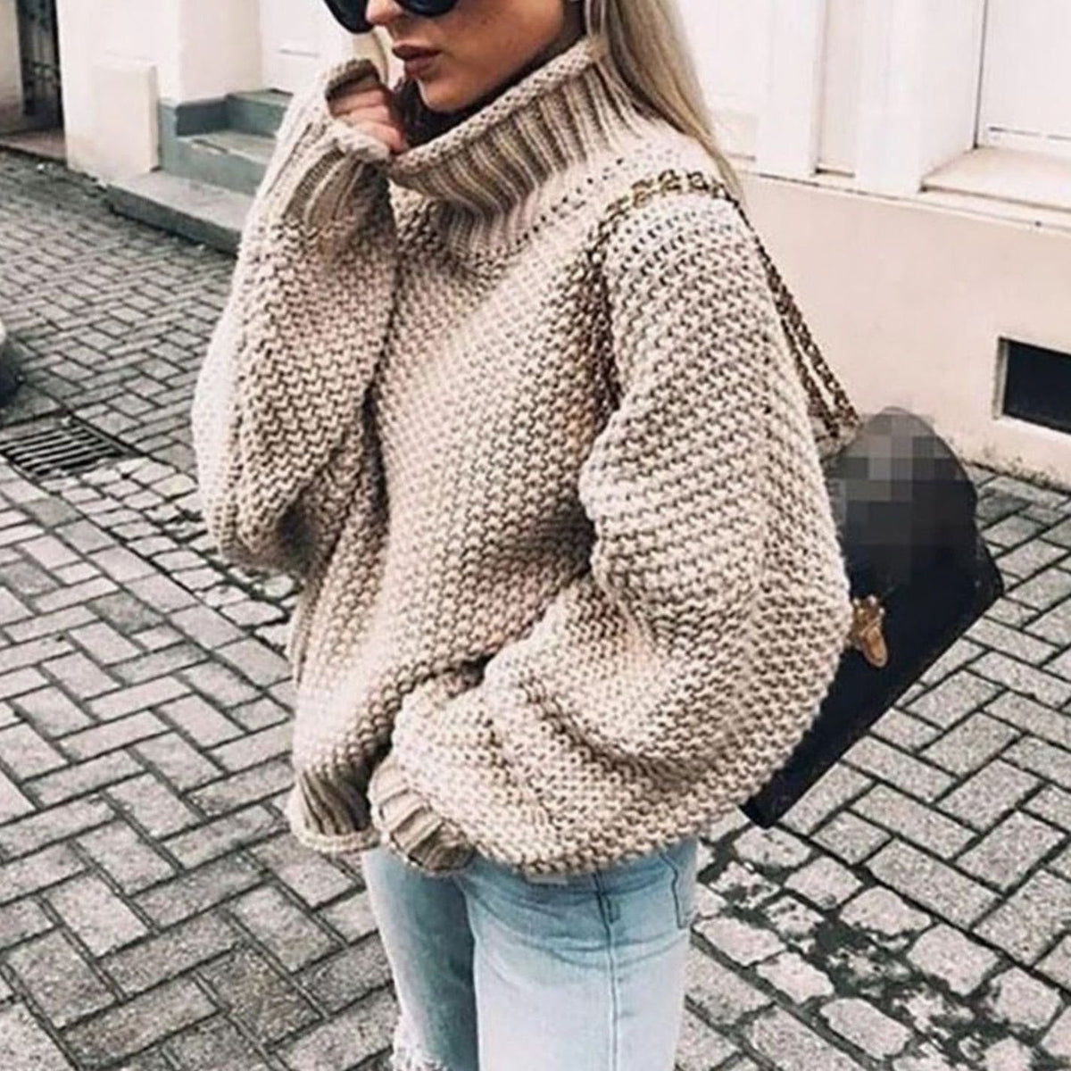 Women's Chunky Knit Foldover Turtleneck Sweater - Black