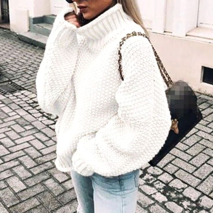 Women's Chunky Knit Foldover Turtleneck Sweater - White