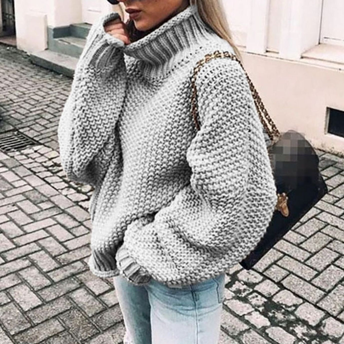 Women's Chunky Knit Foldover Turtleneck Sweater - Navy Blue