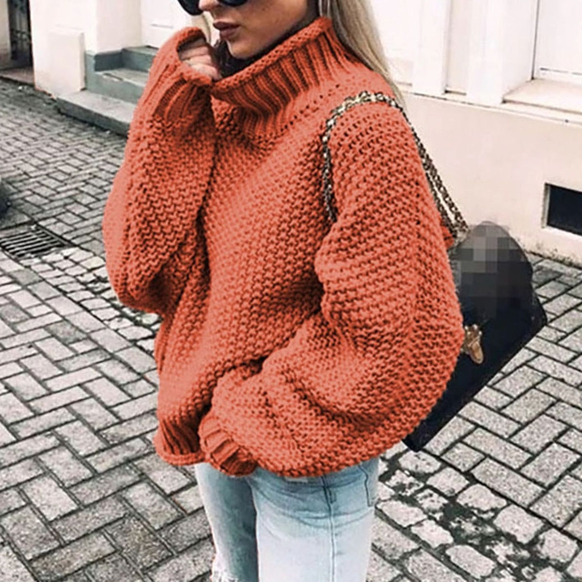 Women's Chunky Knit Foldover Turtleneck Sweater - Brown