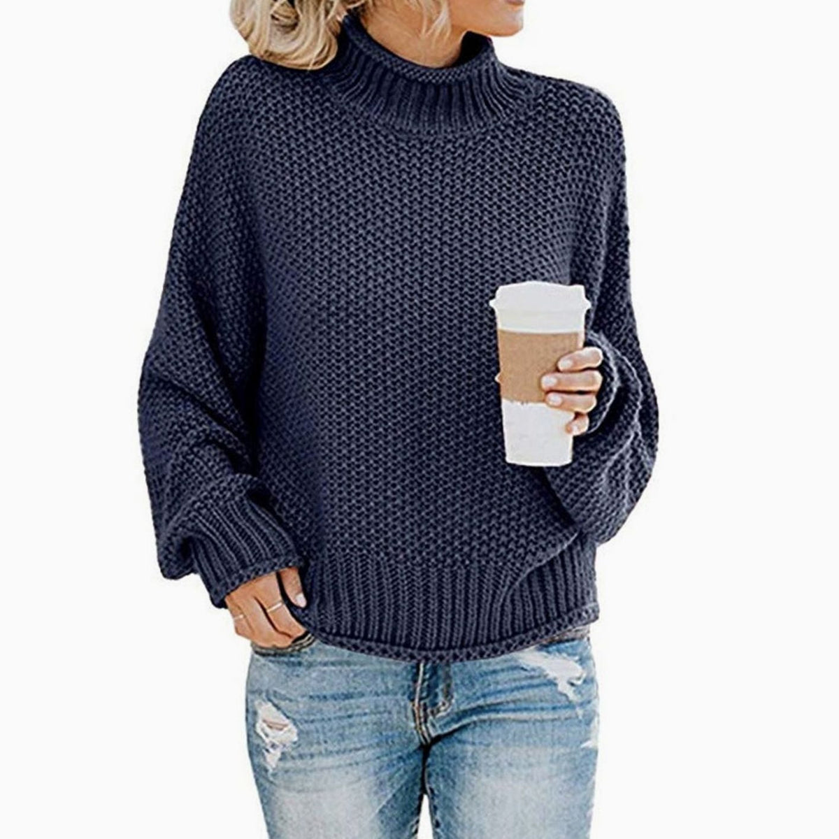 Women's Chunky Knit Foldover Turtleneck Sweater - Orange
