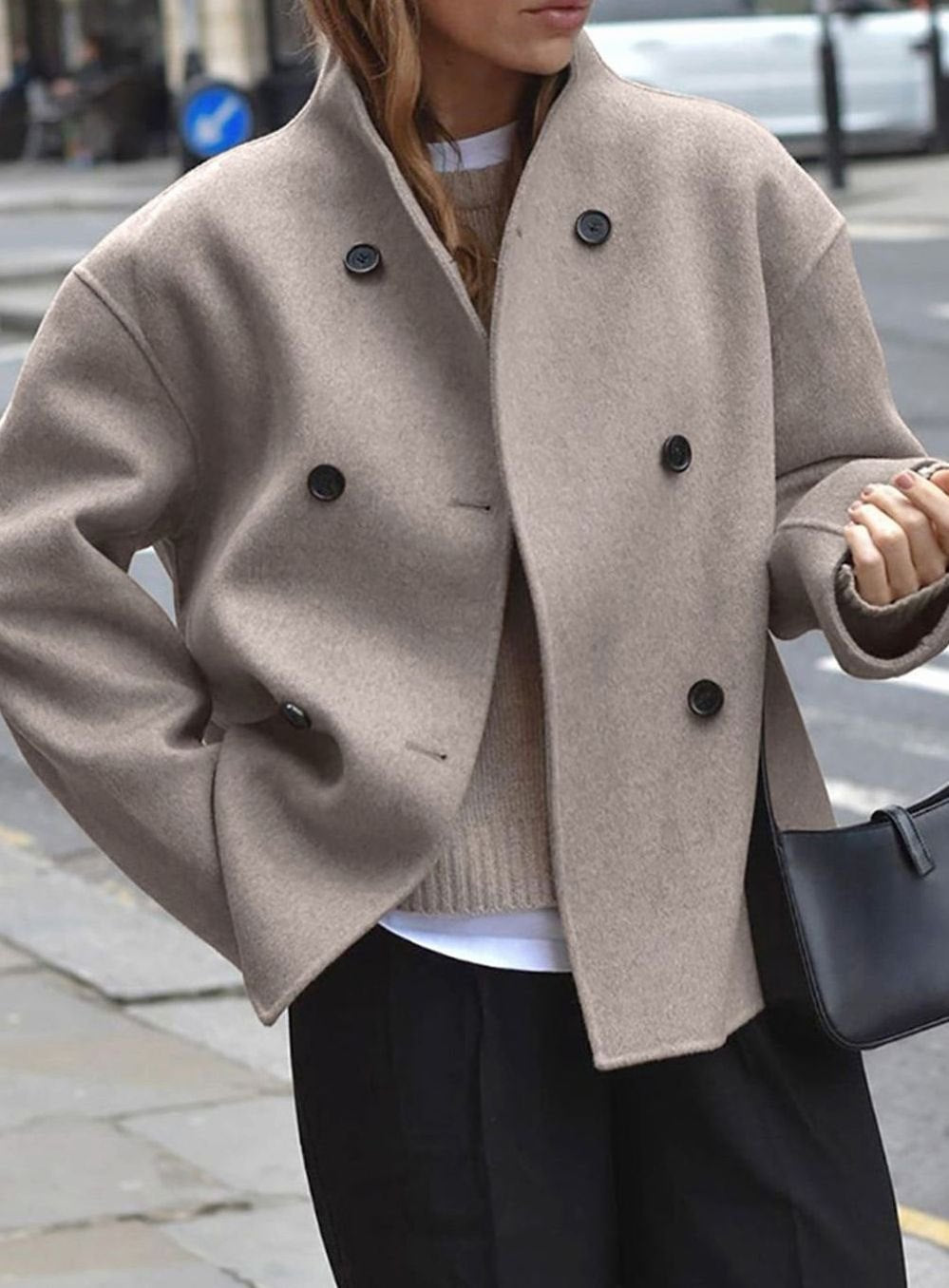 Women's Oversized Double-Breasted Hip-Length Coat - Khaki