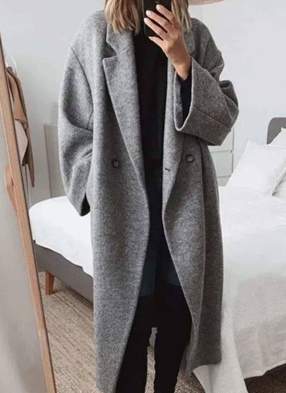 Women's Oversized Double-Breasted Long Coat - Gray