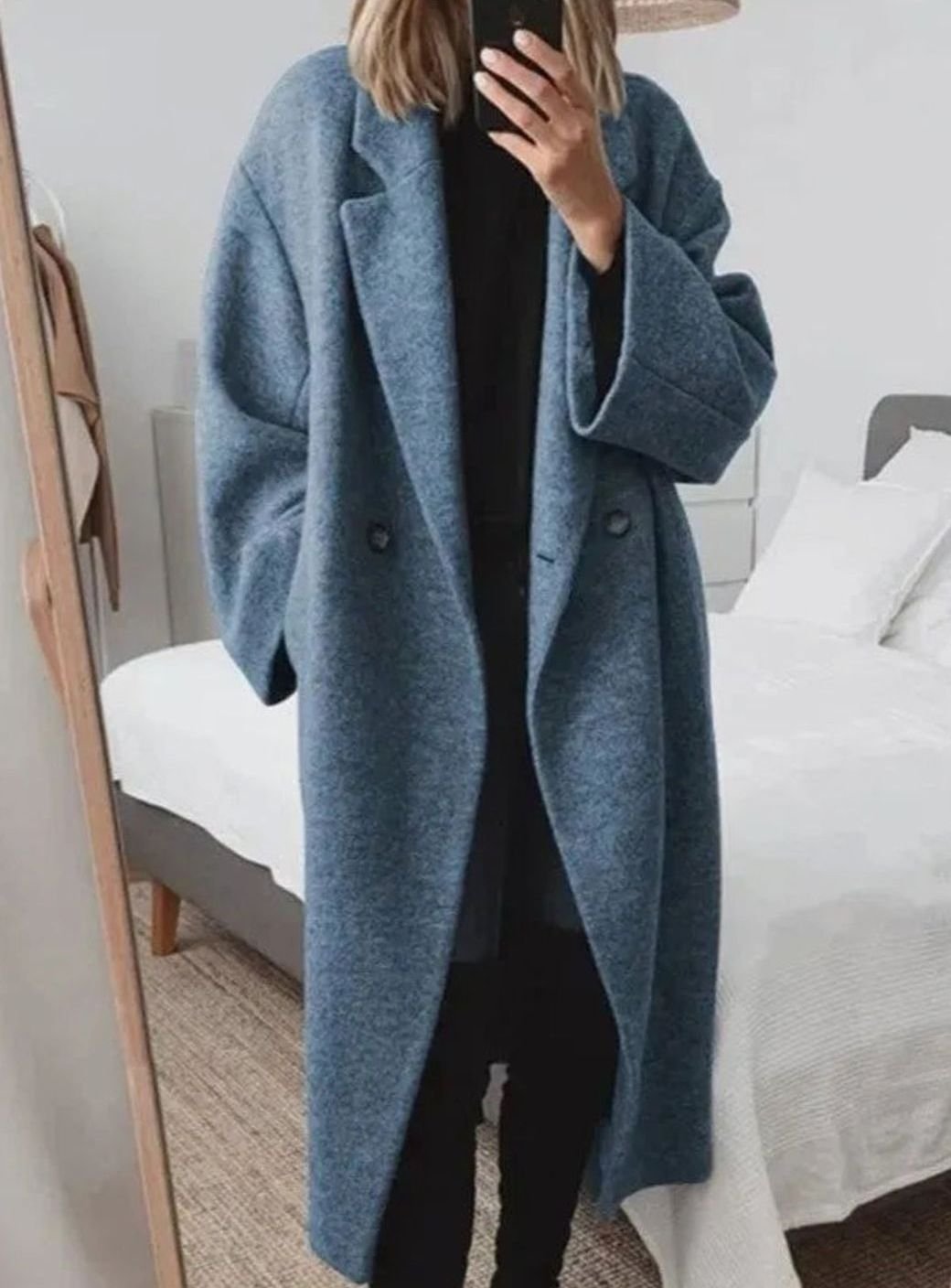 Women's Oversized Double-Breasted Long Coat - Navy Blue