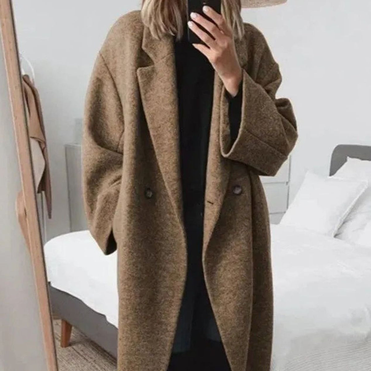 Women's Oversized Double-Breasted Long Coat - Brown