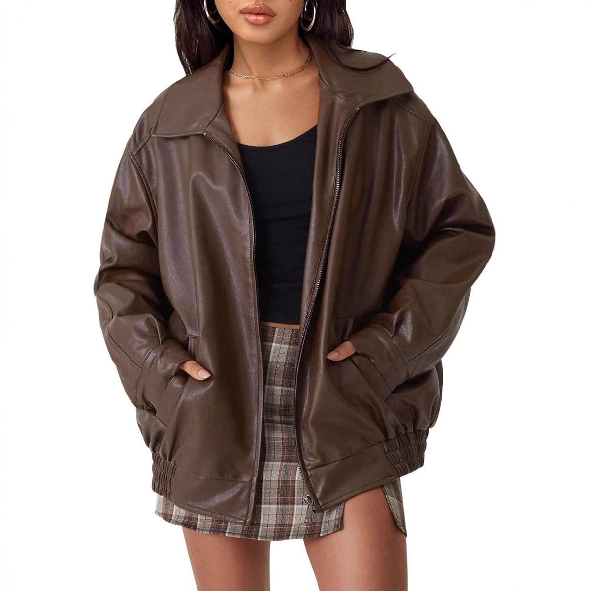 Women's Oversized Faux Leather Bomber Jacket