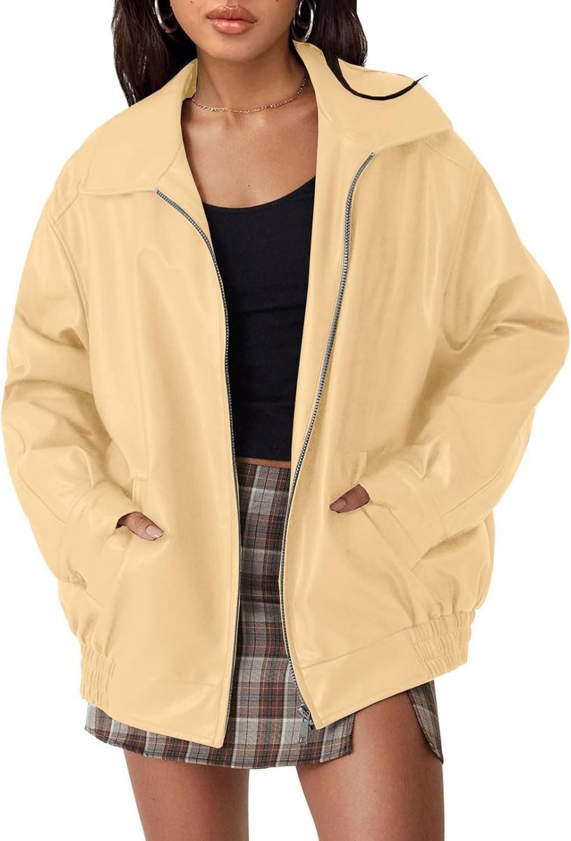 Women's Oversized Faux Leather Bomber Jacket - Apricot