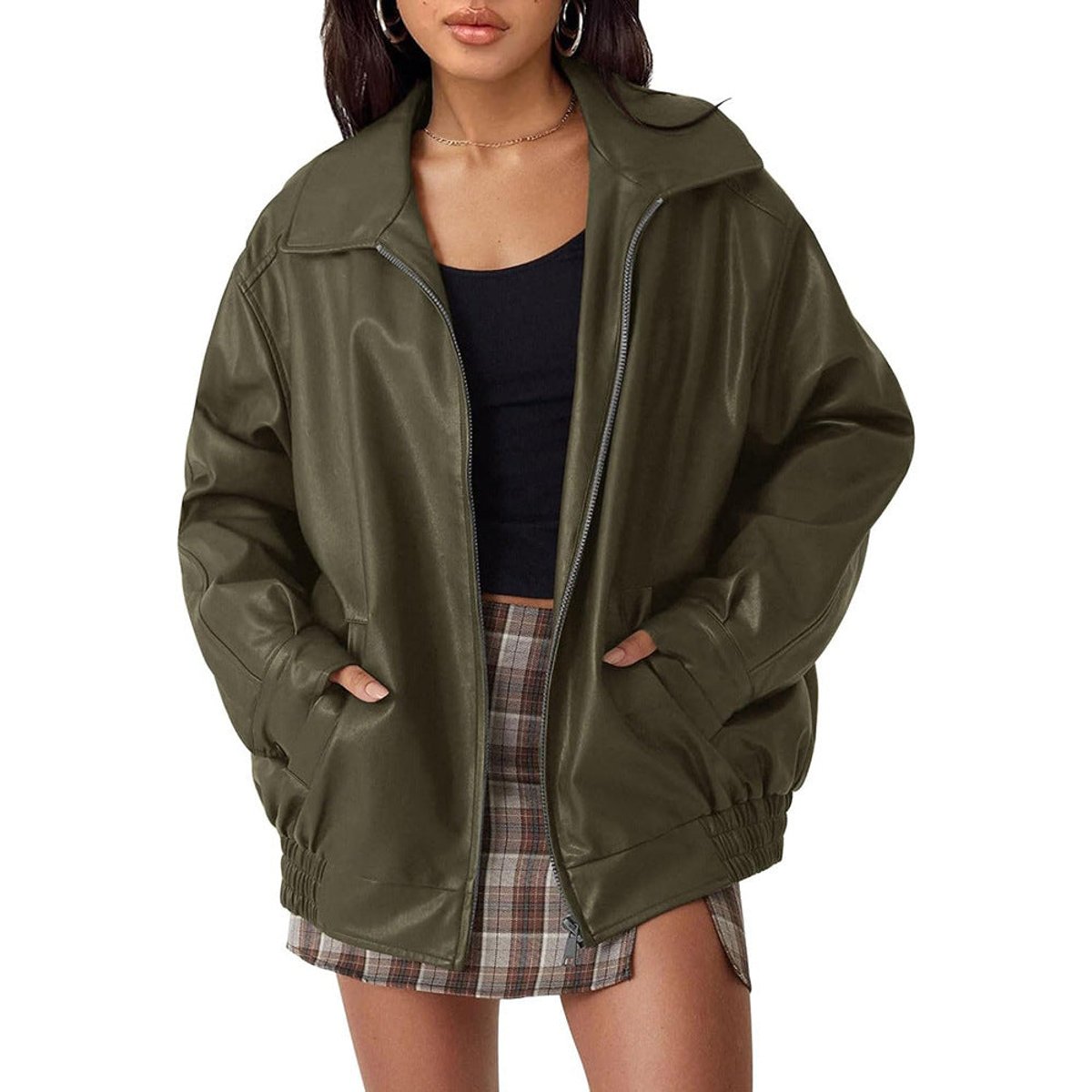 Women's Oversized Faux Leather Bomber Jacket