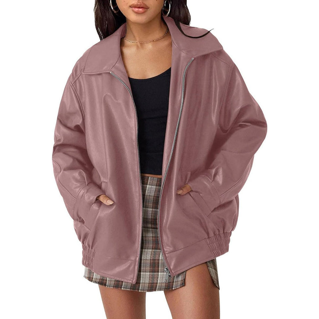 Women's Oversized Faux Leather Bomber Jacket