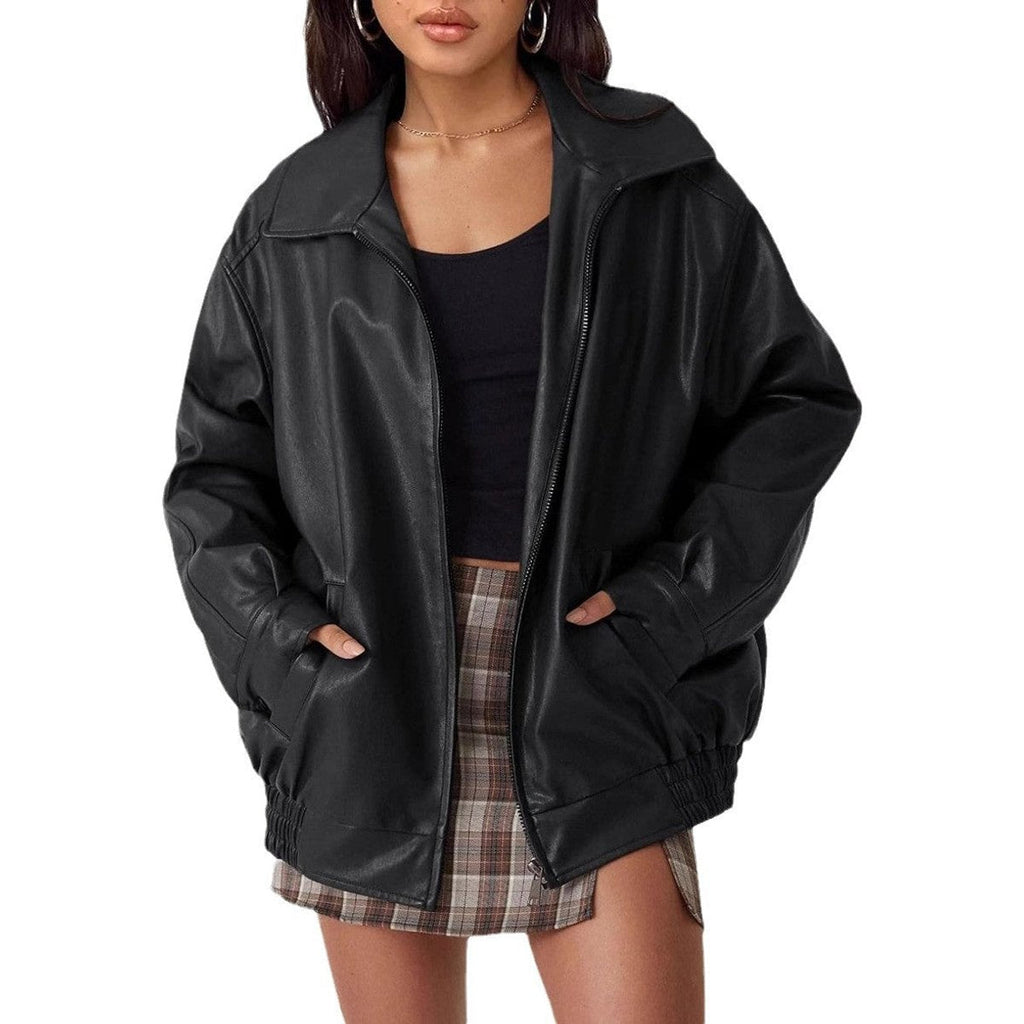 Women's Oversized Faux Leather Bomber Jacket