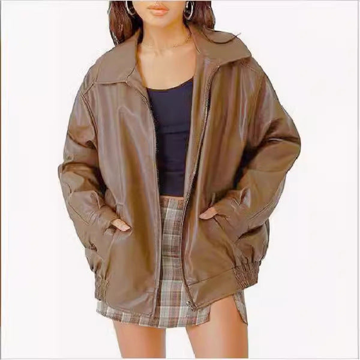 Women's Oversized Faux Leather Bomber Jacket - Camel