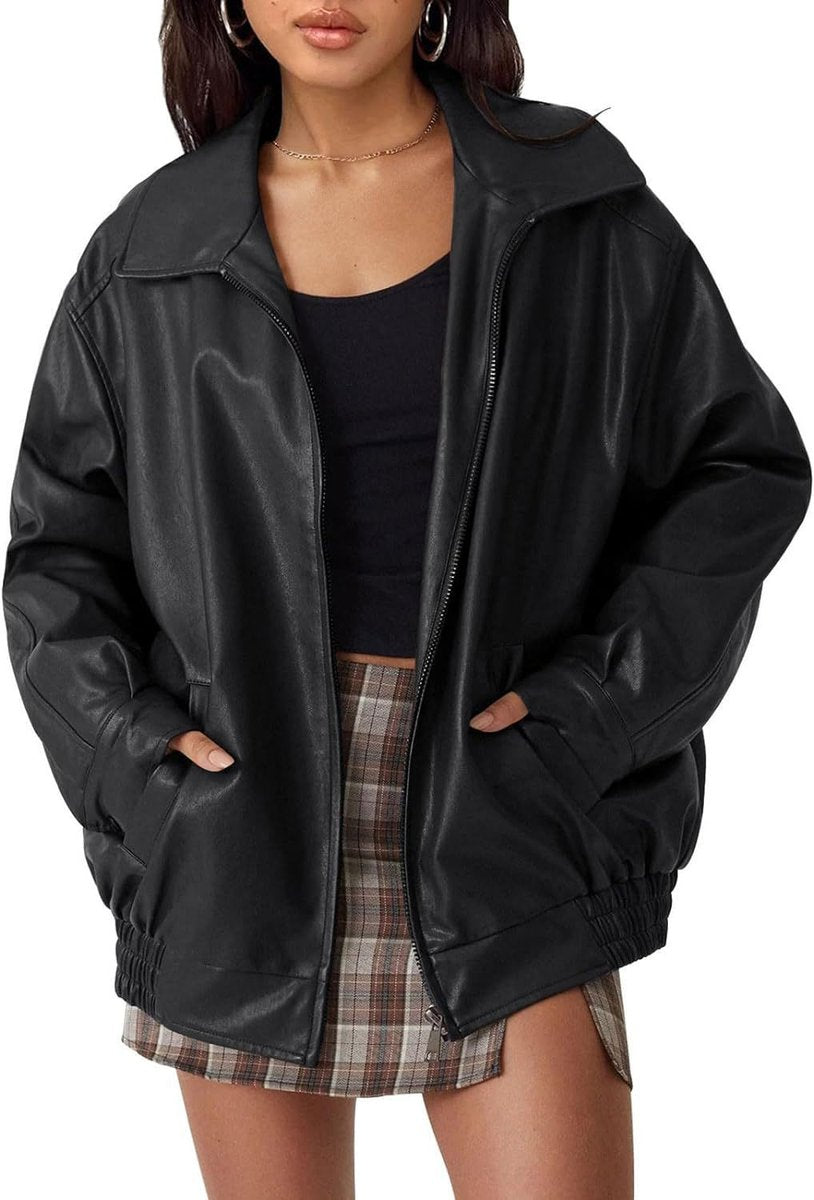 Women's Oversized Faux Leather Bomber Jacket - Black