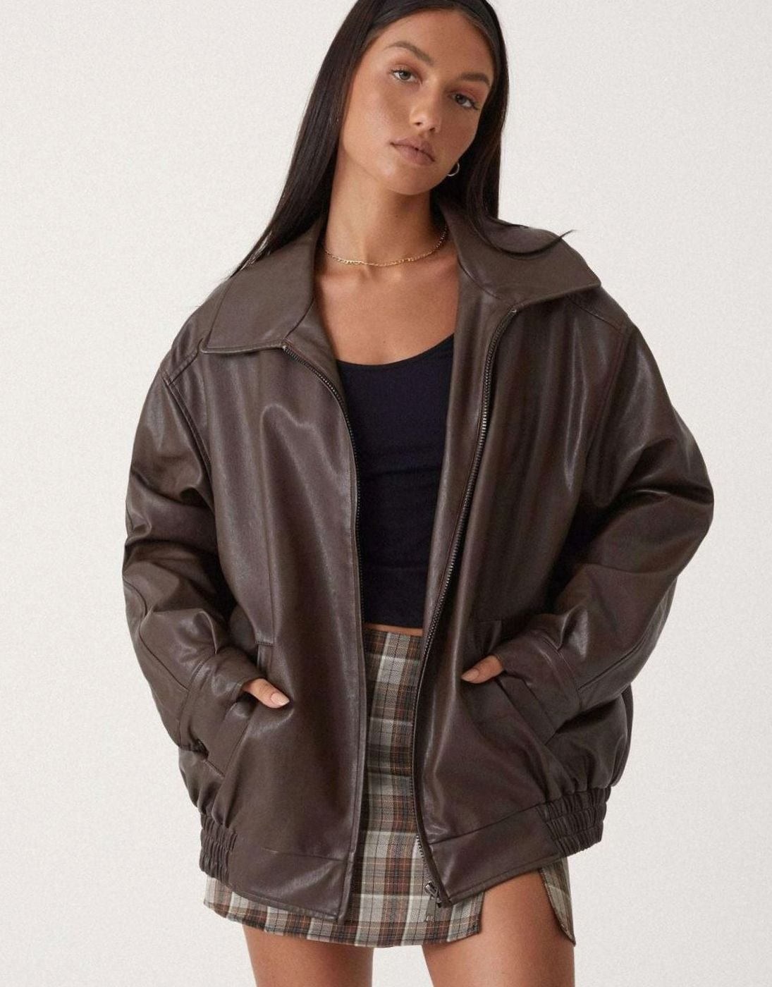 Women's Dropped-Shoulder Faux Leather Bomber Jacket - Brown