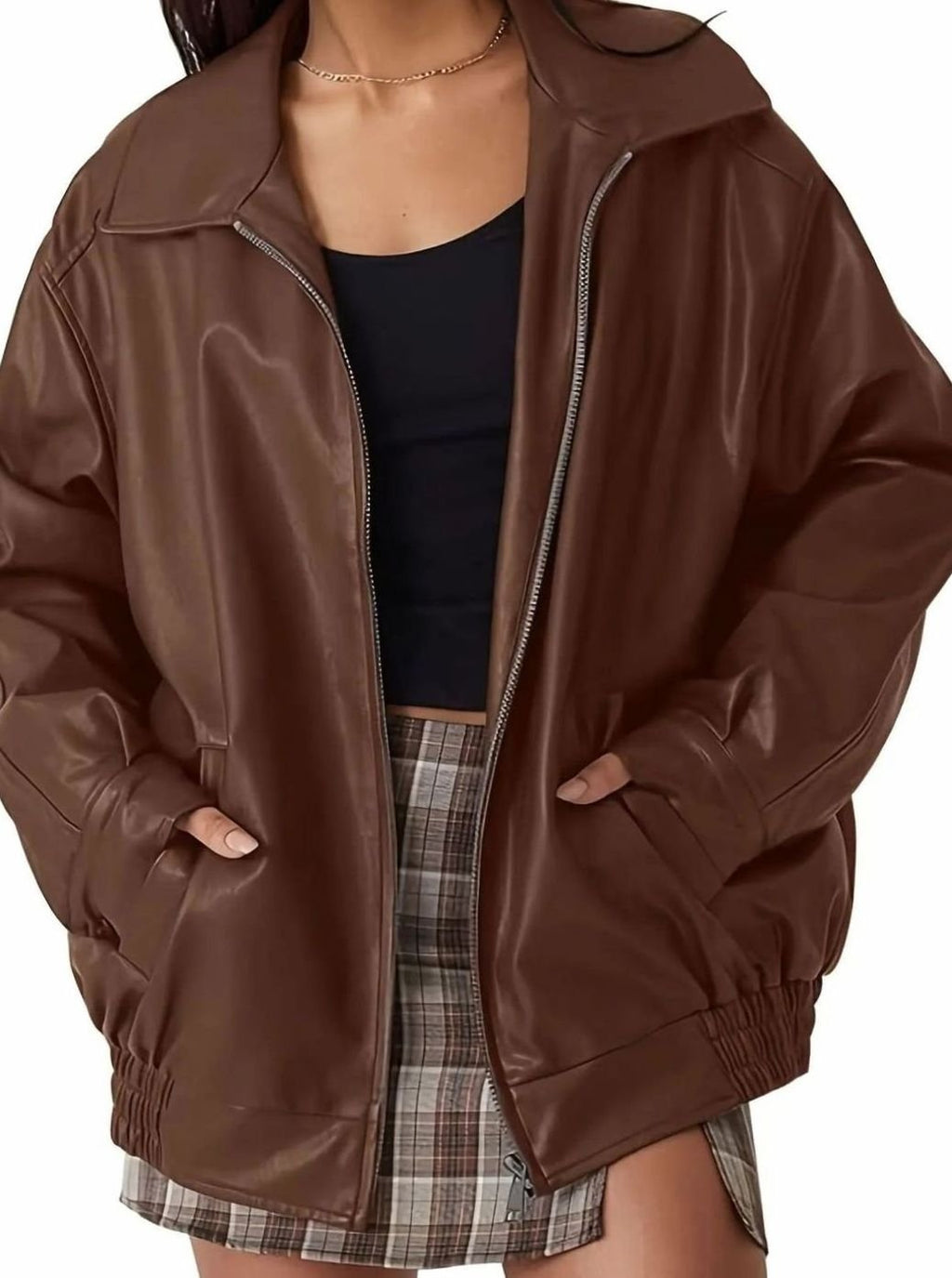 Women's Faux Leather Zip-Up Bomber Jacket - Brown