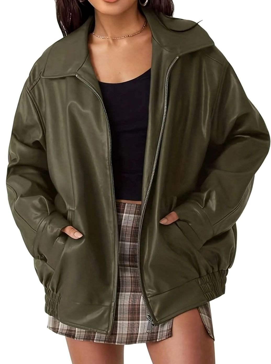 Women's Faux Leather Zip-Up Bomber Jacket - Army Green