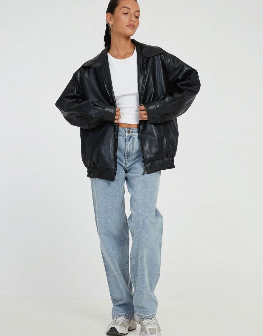 Women's Dropped-Shoulder Faux Leather Bomber Jacket
