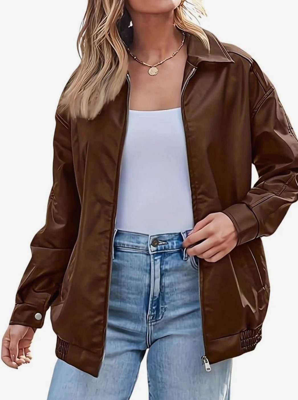 Women's Faux Leather Zip-Up Bomber Jacket