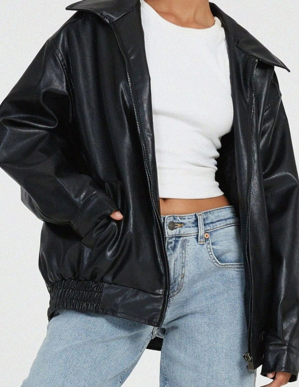 Women's Dropped-Shoulder Faux Leather Bomber Jacket