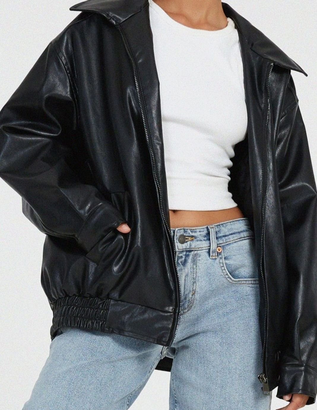 Women's Dropped-Shoulder Faux Leather Bomber Jacket