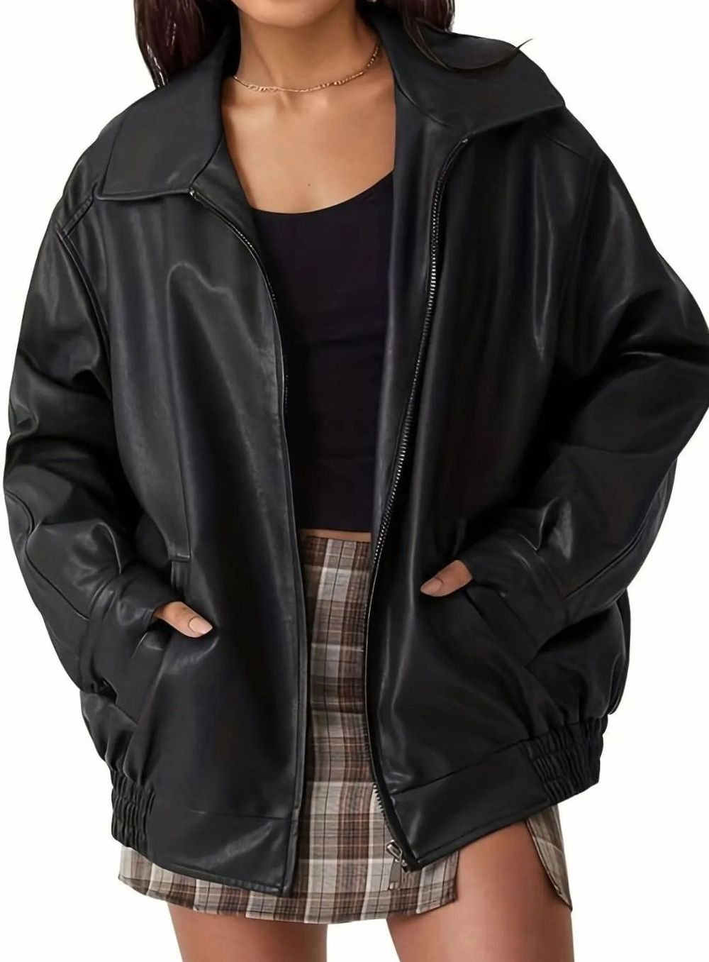 Women's Faux Leather Zip-Up Bomber Jacket