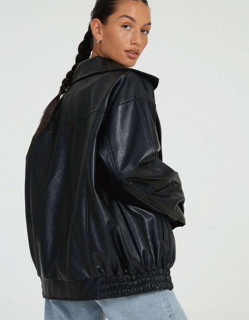 Women's Dropped-Shoulder Faux Leather Bomber Jacket