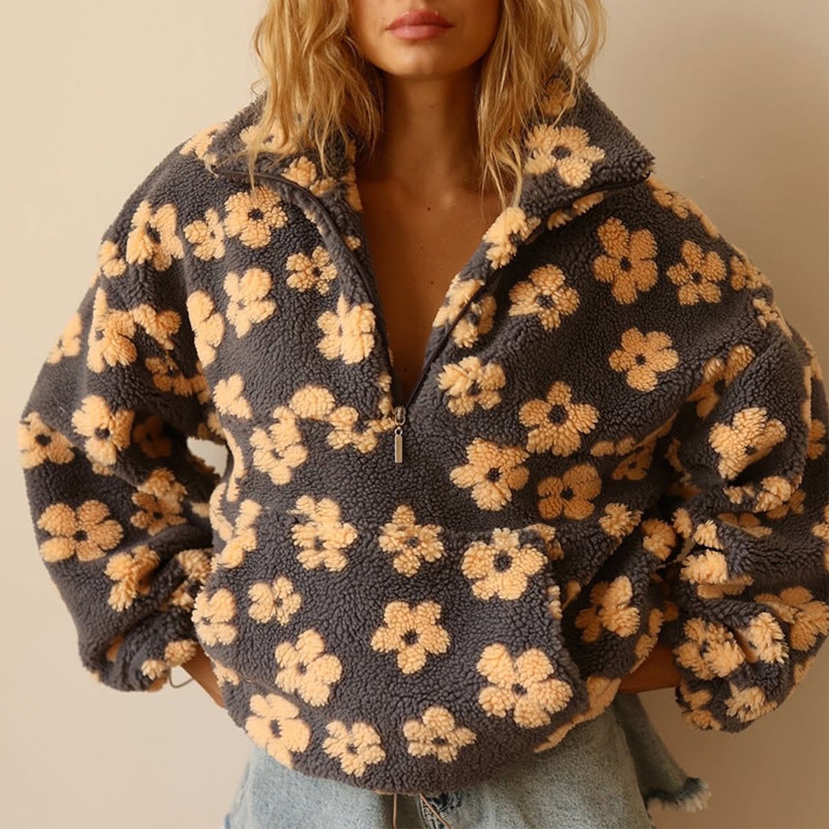Women's Oversized Floral Sherpa Fleece Half-Zip Pullover Sweater