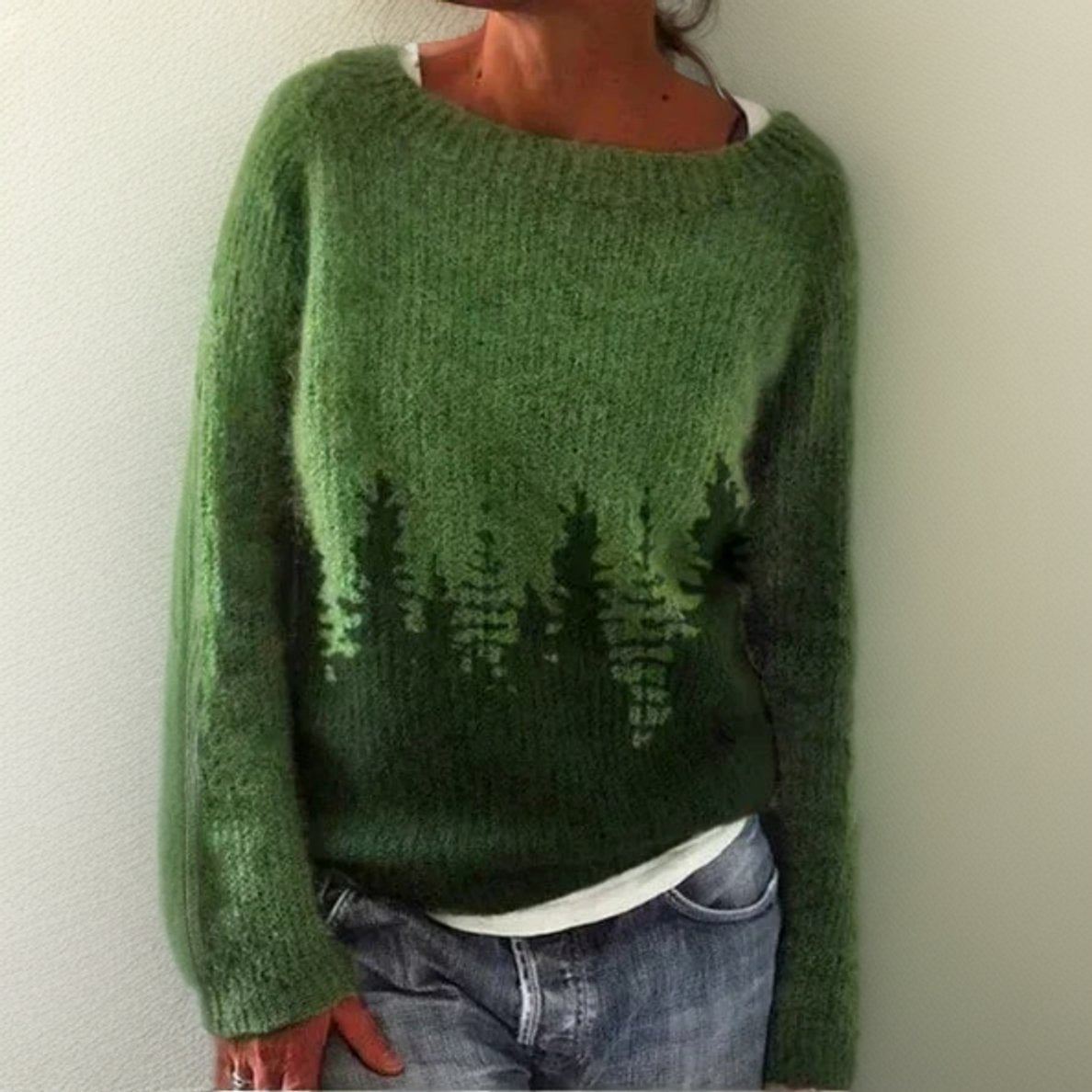 Women's Oversized Forest Print Crew Neck Sweater