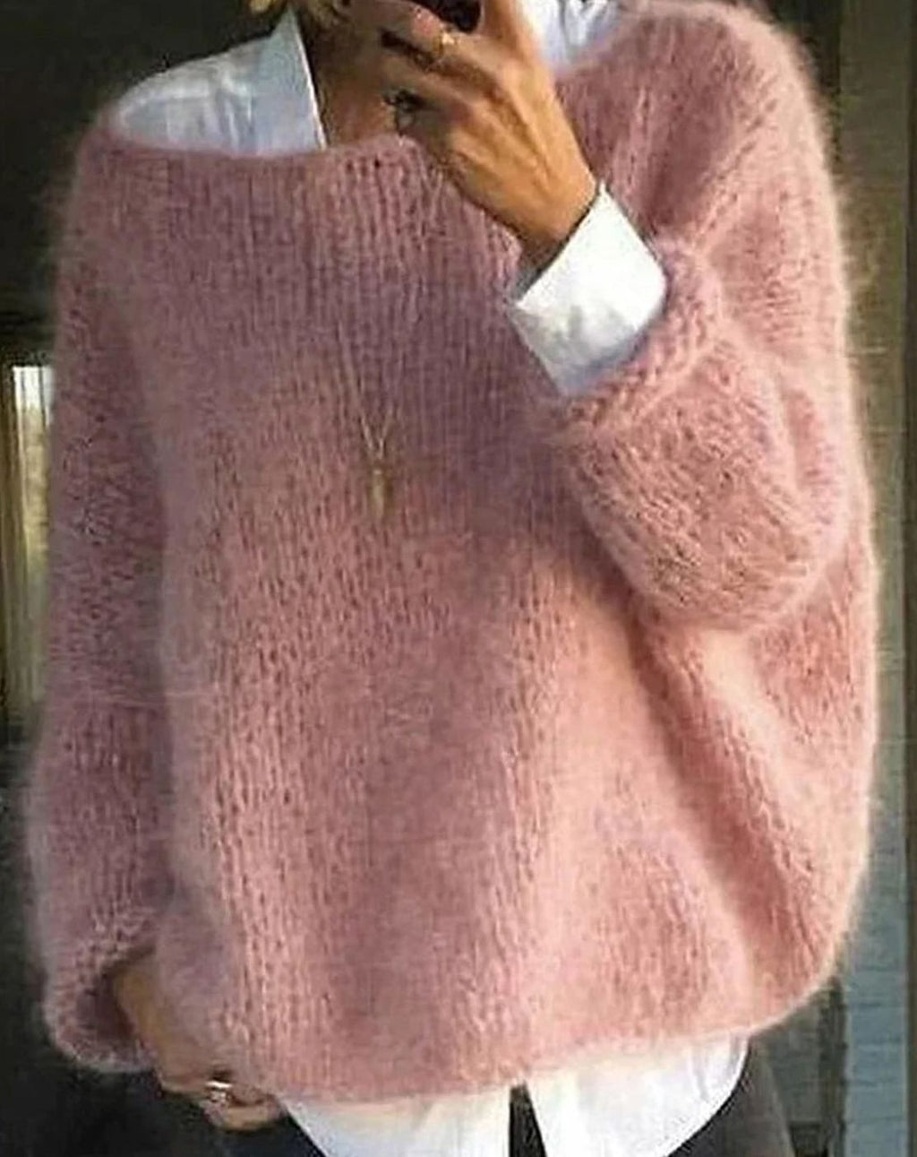 Women's Oversized Fuzzy Knit Long Sleeve Pullover - Pink