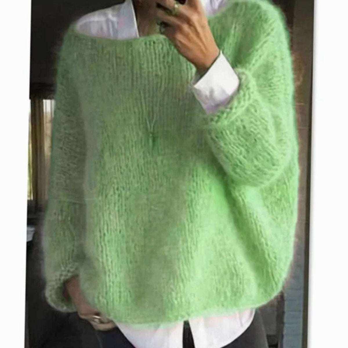 Women's Oversized Fuzzy Knit Long Sleeve Pullover - Light Green