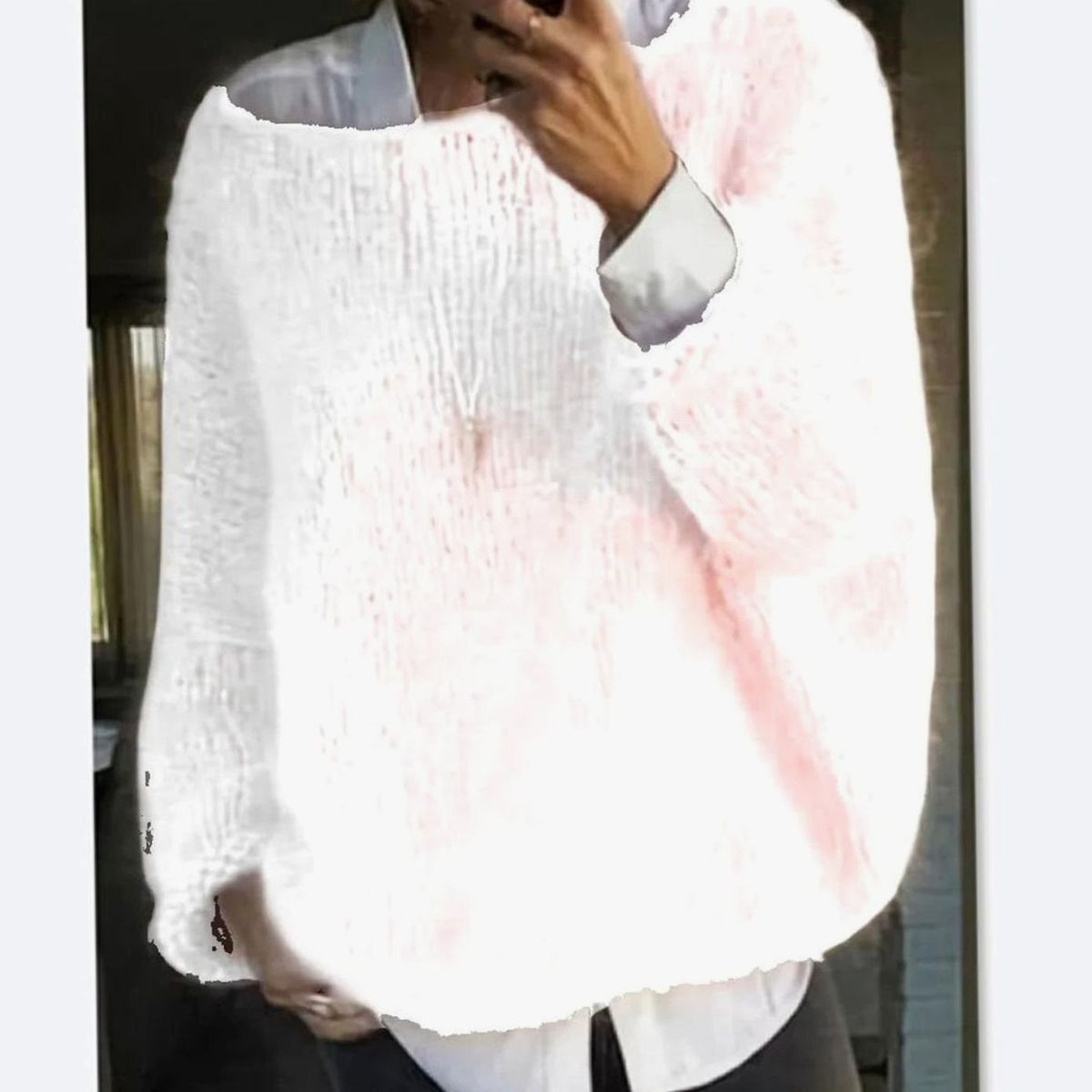 Women's Oversized Fuzzy Knit Long Sleeve Pullover - White