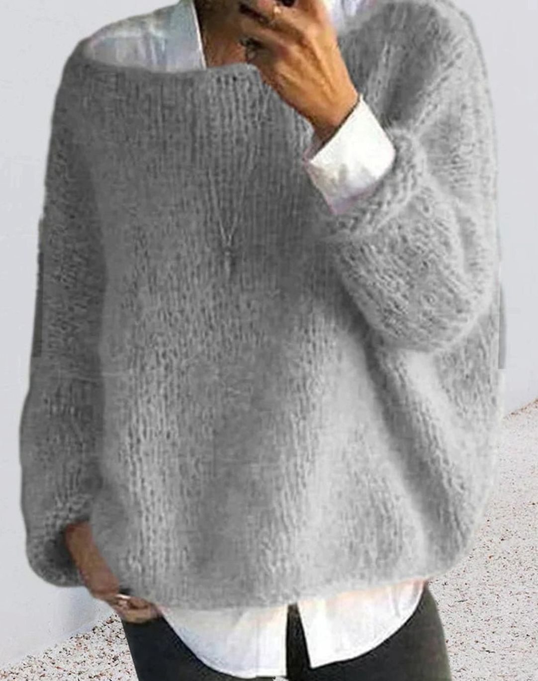 Women's Oversized Fuzzy Knit Long Sleeve Pullover - Gray