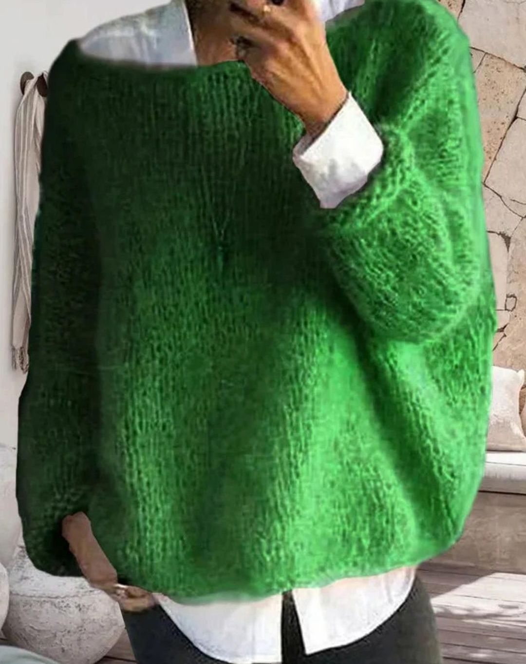 Women's Oversized Fuzzy Knit Long Sleeve Pullover - Green