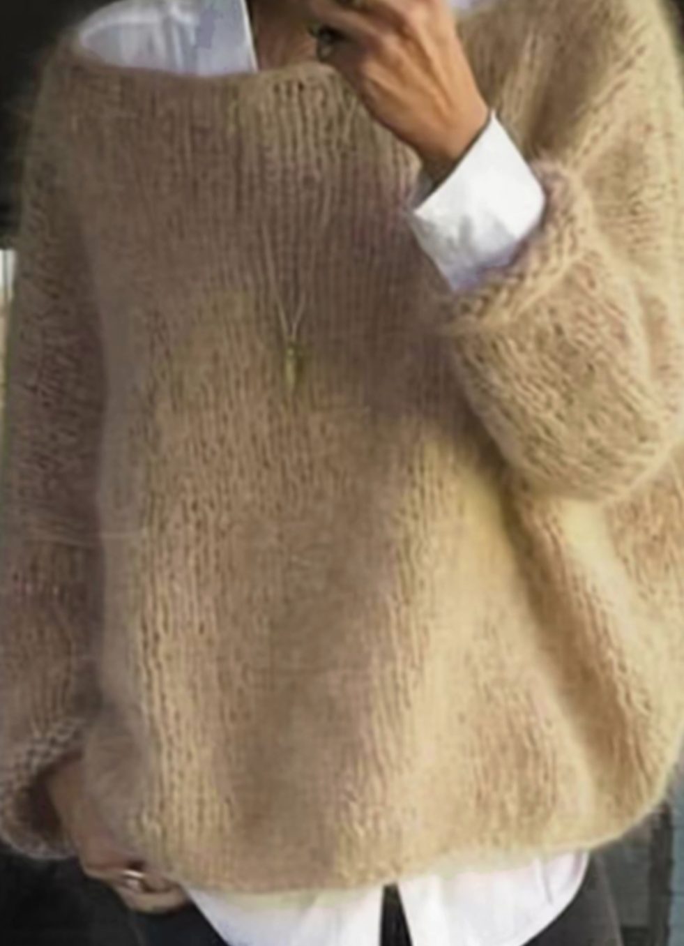 Women's Oversized Fuzzy Knit Long Sleeve Pullover - Khaki