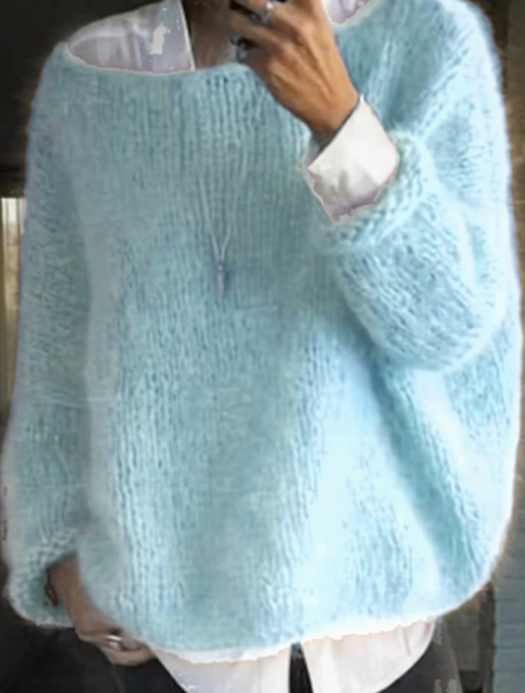 Women's Oversized Fuzzy Knit Long Sleeve Pullover - Light Blue