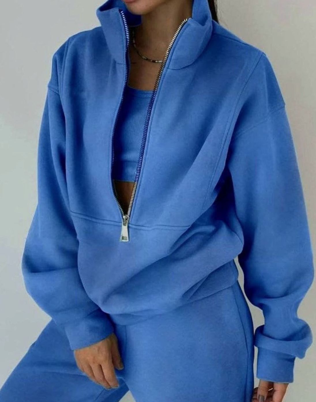 Women's Oversized Half-Zip Cropped Pullover and Jogger Set - Blue