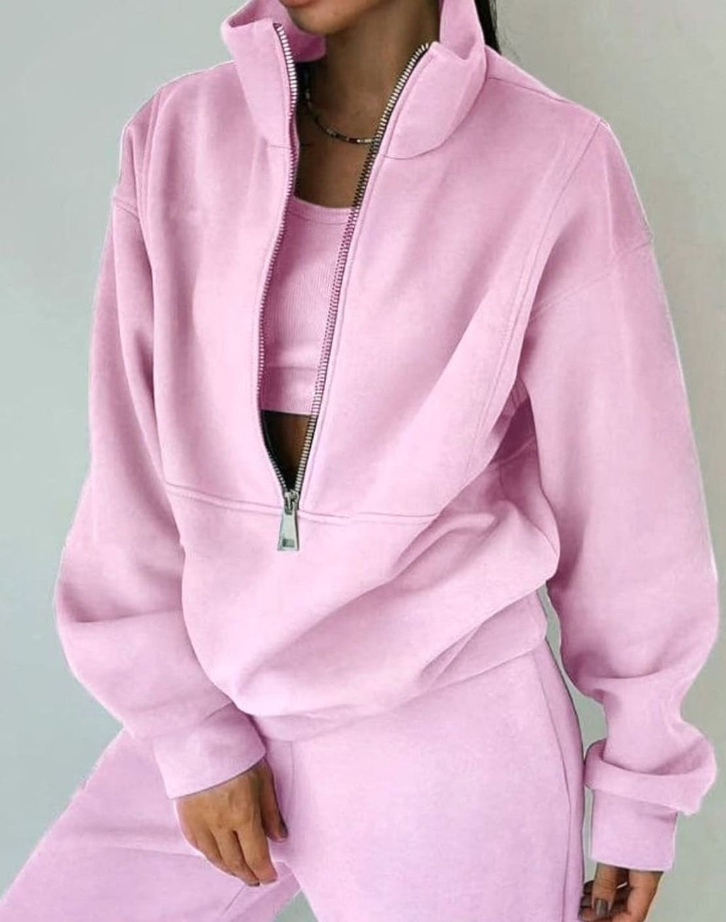 Women's Oversized Half-Zip Cropped Pullover and Jogger Set - Pink