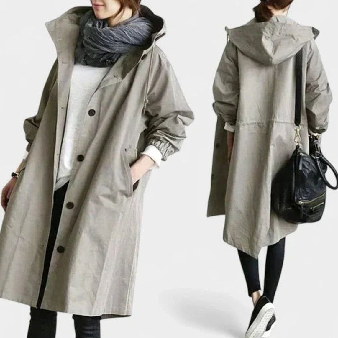 Women's Oversized Hooded Longline Trench Coat - Light Gray
