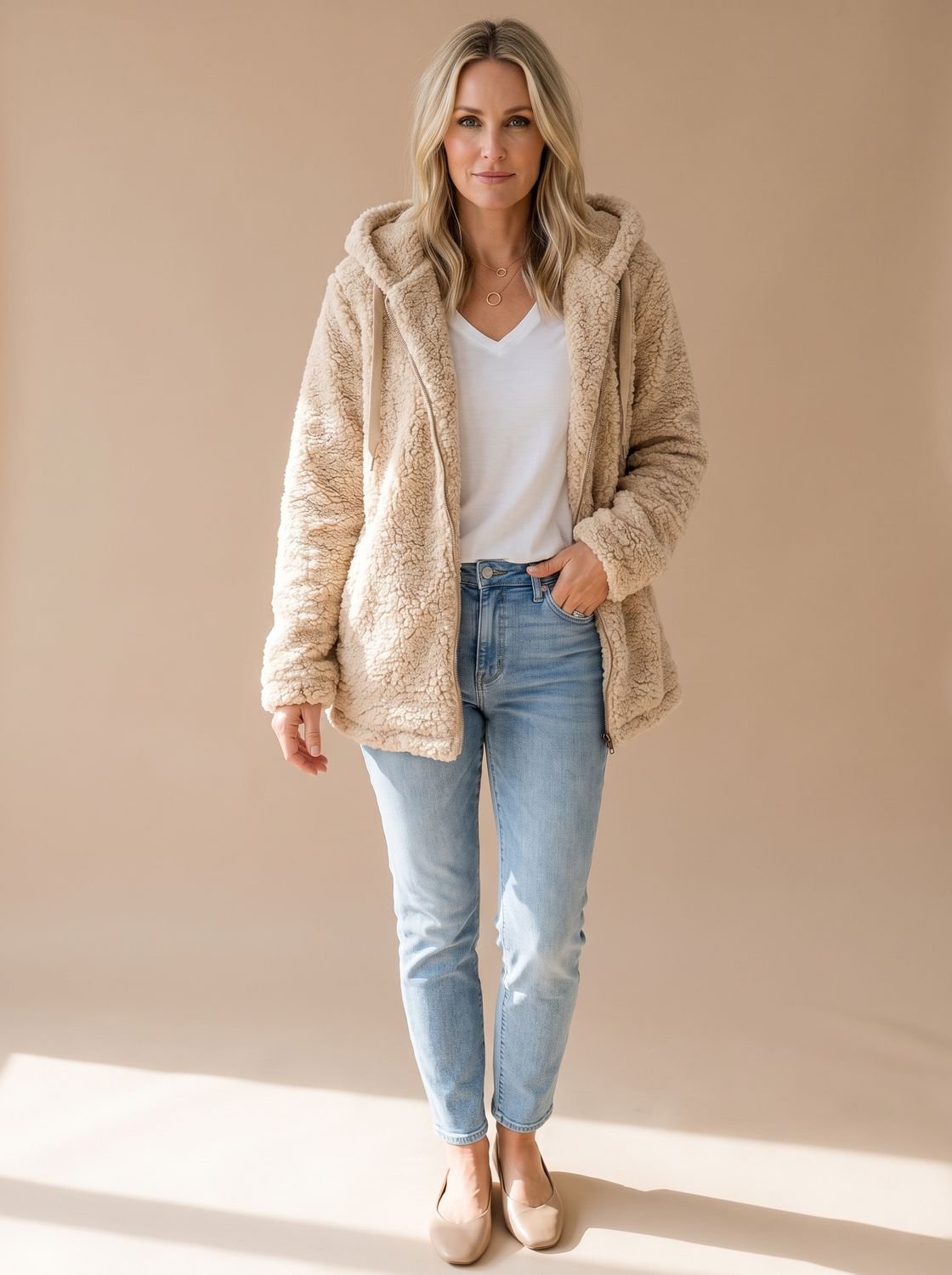 Women's Oversized Teddy Fleece Hooded Zip-Up Coat - Beige