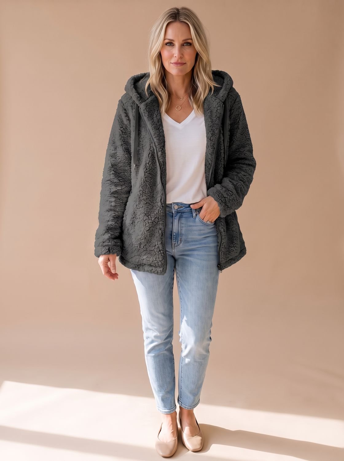 Women's Oversized Teddy Fleece Hooded Zip-Up Coat - Black