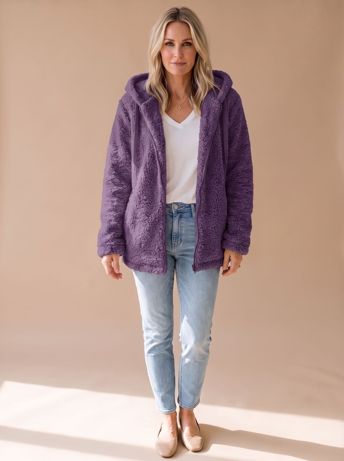 Women's Oversized Teddy Fleece Hooded Zip-Up Coat - Purple