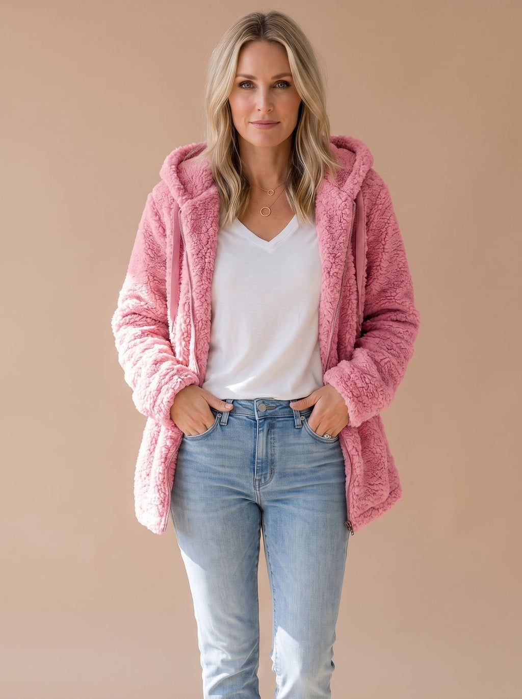 Women's Oversized Teddy Fleece Hooded Zip-Up Coat - Pink