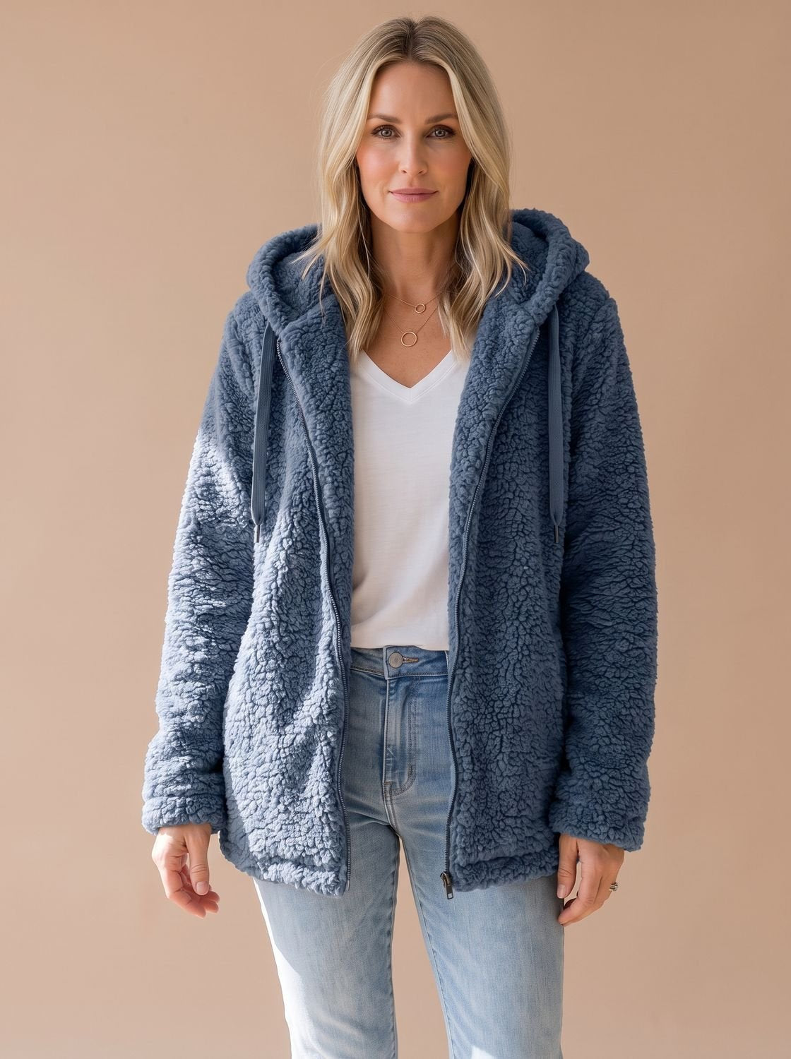 Women's Oversized Teddy Fleece Hooded Zip-Up Coat - Blue
