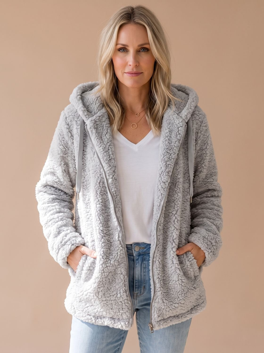 Women's Oversized Teddy Fleece Hooded Zip-Up Coat - Light Gray